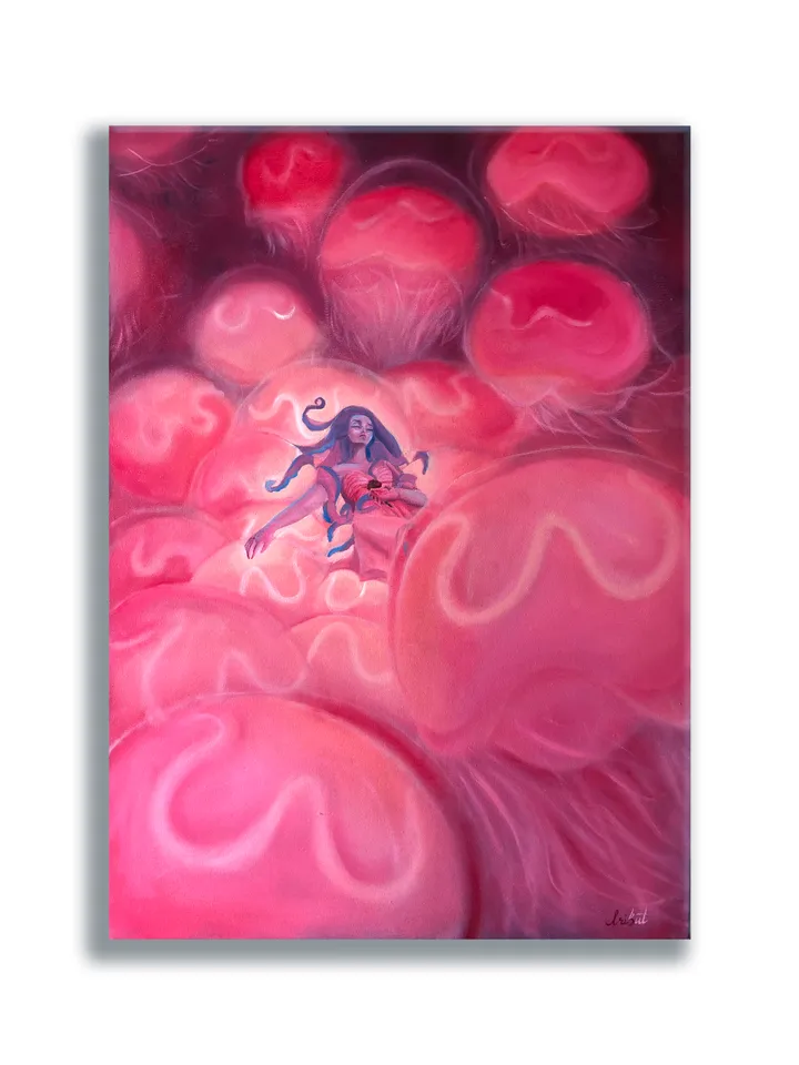 Pink Jellyfish Painting Girl Oil Artwork