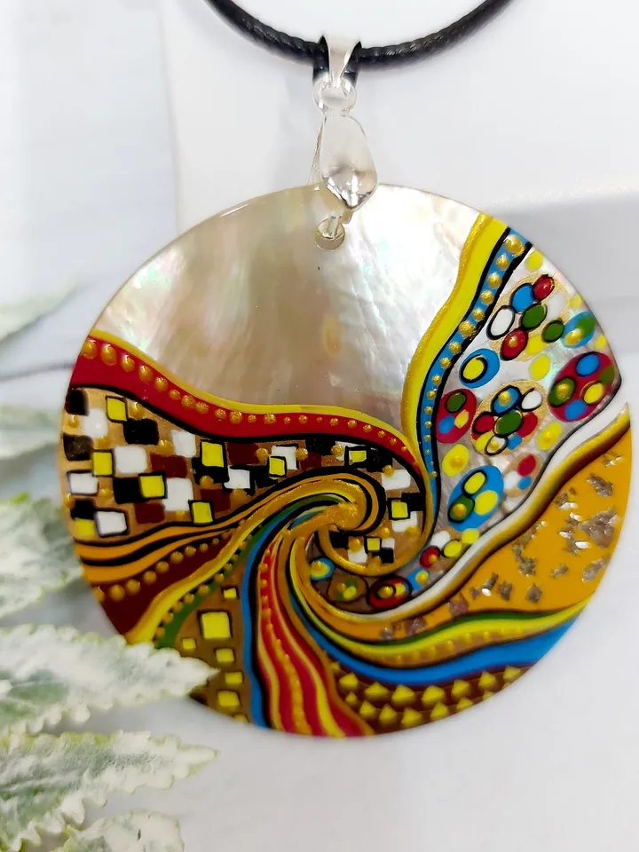 Pearl pendant necklace: Abstract Spiral painting in Klimt style on Graceful Handcrafted Pendant • Delicate handmade jewelry for bright girl