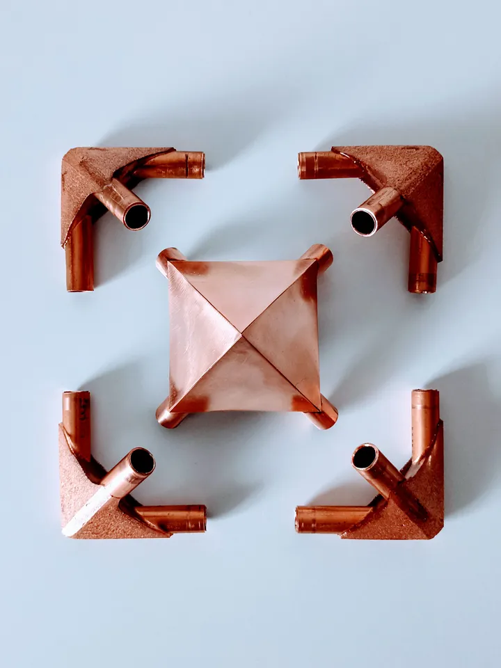 Set of copper connectors for the pyramid of healing and meditation. For pipes with an outer diameter of 3/8 inch