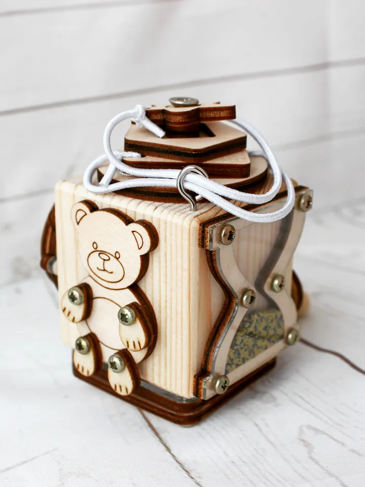 Busy cube mini - bear, wooden baby fidget toy, montessori toy for toddlers