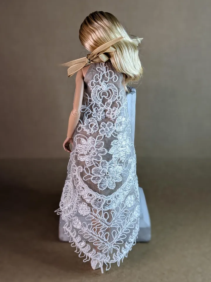 Handmade white & beige lace dress for 13-inch fashion dolls