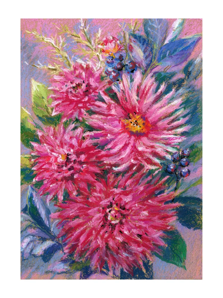 Flowers Bouquet Asters Drawing with oil pastels on A4 craft paper