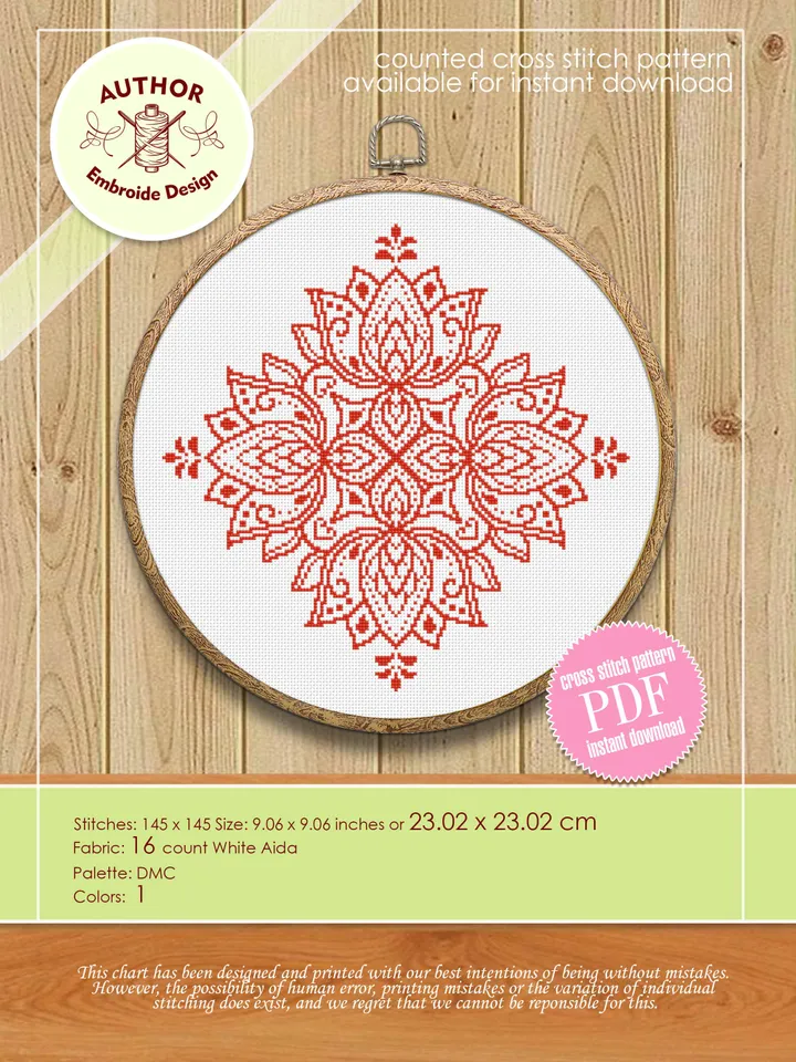 Lotus mandala cross stitch pattern digital PDF Modern floral ornament cross stitch Easy mandala embroidery beginners Instant download #M143
