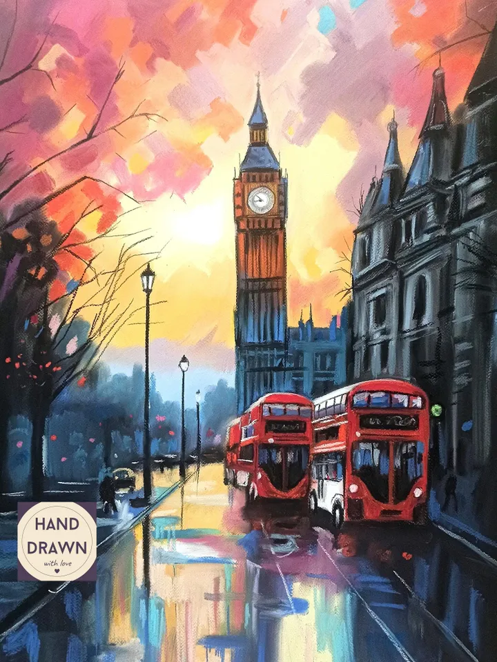New house gift personalize | Living room wall art | Big Ben London hand drawn pastel painting