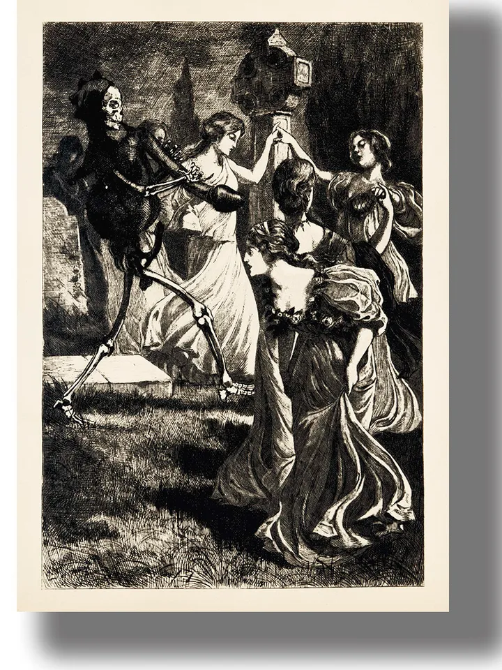The skeleton plays the flute like a phallus, and three whores dance at night in the cemetery.