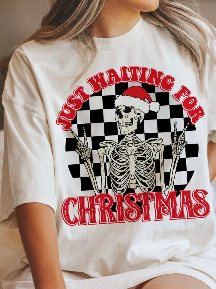 Just Waiting For Christmas-Skeleton Sublimation Digital Design Download-santa hat png, skull png, winter png, boho christmas png, retro png