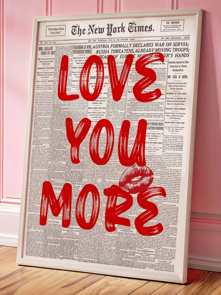 Love You More Newspaper Print, Trendy Wall Art, Retro Bedroom Poster, Chic Apartment Aesthetic, Printable Wall Art, Digital Prints Red