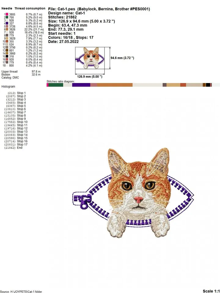 Red cat in a zipper pocket Miniature realistic machine embroidery design Pet design cat realistic pattern kitty embroidery motif