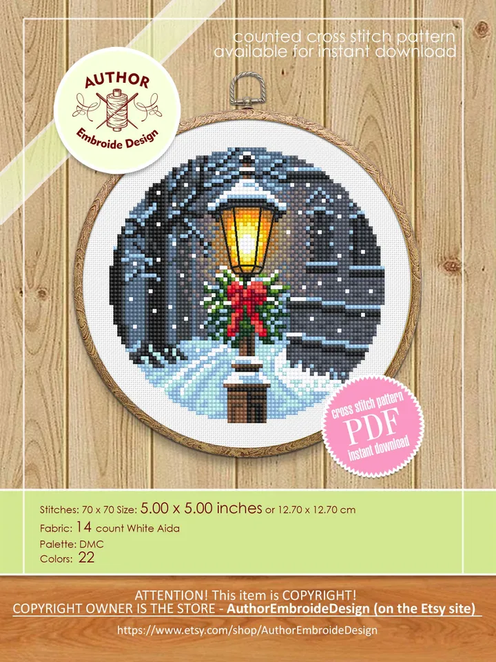 Christmas lamp post cross stitch pattern PDF download Winter landscape cross stitch chart, Christmas pattern digital PDF, Snow pattern #N176