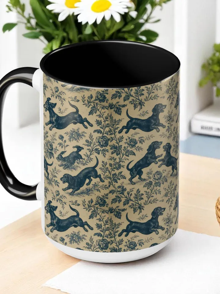 Dachshund French Toile de Jouy Ceramic Mug, Toile Coffee Cup for Doxie Mom, Sausage Dog Lover Gifts, Dog Tea Drinkware, Gift For Dog Lovers