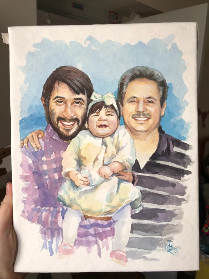 3 Persons watercolor Portrait from photo A4 size