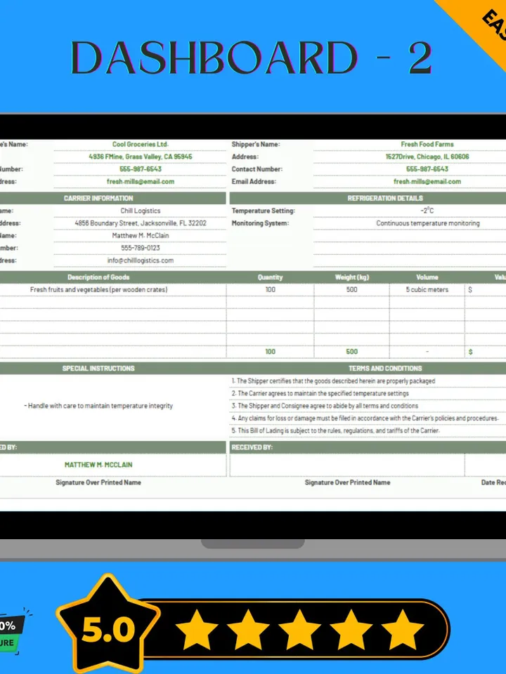Refrigerated Shipping Bill of Lading Template, Cold Chain BOL Form, Google Sheets Freight Document, Temperature-Controlled Shipment