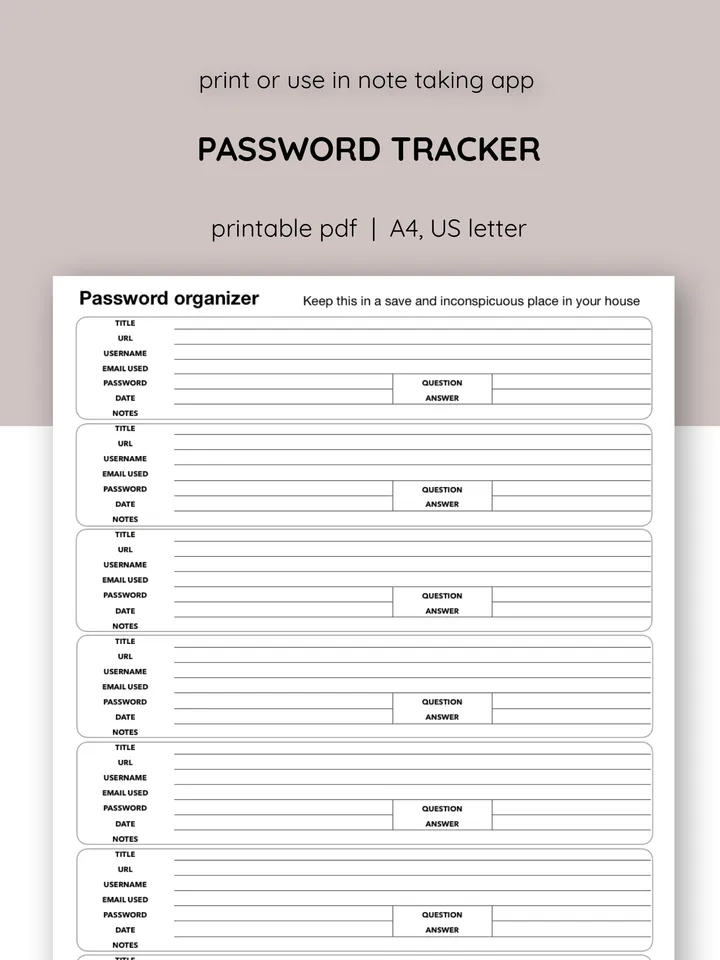 Printable password tracker. Password template. PDF password keeper. Password organizer.