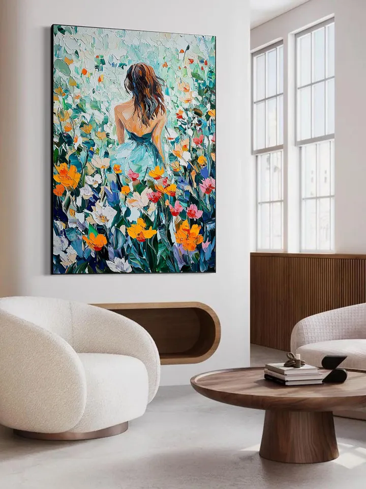 Large Impasto Woman in Flower Field Oil Painting, Colorful Garden Landscape, Textured 3D Original Art, Romantic Wall Art Decor,Gift for Her
