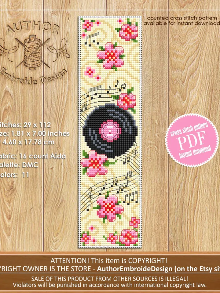 Music bookmark cross stitch pattern PDF download Retro vinyl record cross stitch chart, Flower bookmark pattern digital, Music notes #B409