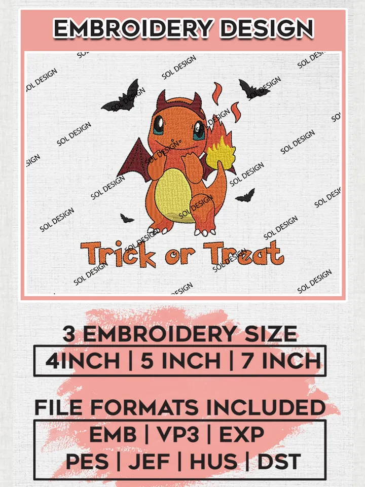 Halloween Charmander Trick Or Treat Embroidery designs, Happy Halloween Machine embroidery designs, Pokemon Character embroidery files, Trick Or Treat Machine Embroidery Digitized Pes Files, Digital Download