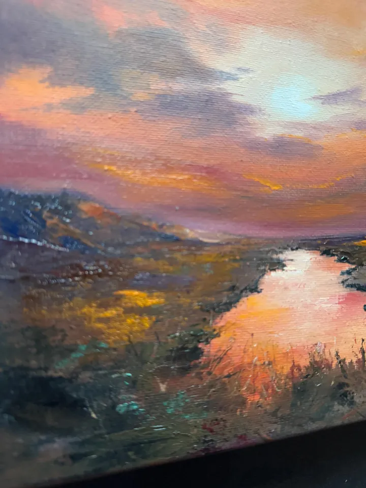 Sunset Oil Painting Rustic Wall Art Field Original Painting