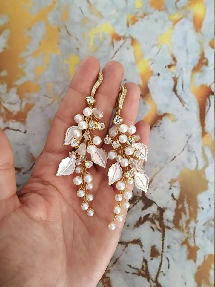 Silver | Gold | Rose Gold Laurel Wedding Earrings, Boho Wedding Earrings | Jewelry, Boho Bridal Earrings, Chandelier Statement Earrings