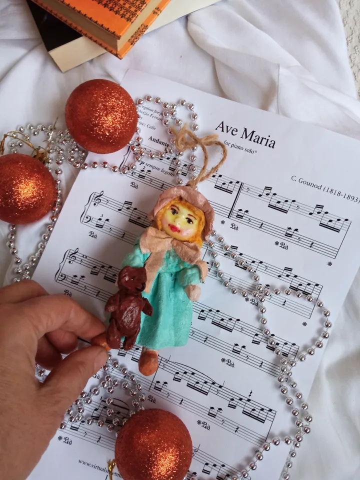 Handcrafted Cotton Doll Girl with Teddy Bear - Unique Christmas Ornament. Doll in Vintage Style
Christmas tree toy. Xmas ornaments