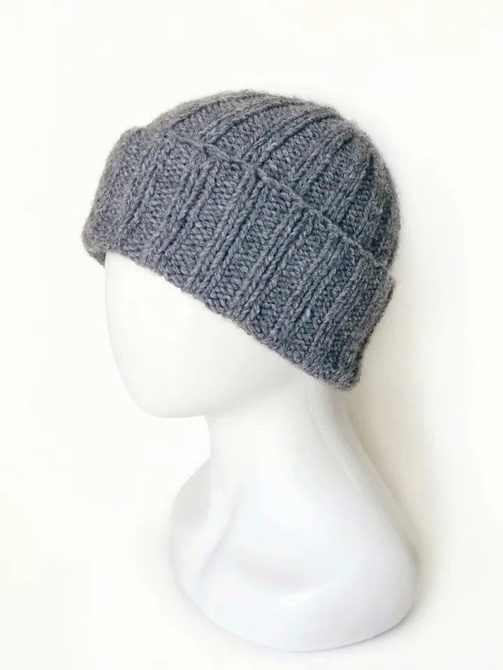 Handmade Grey Men's Beanie with Cuff - Luxuriously Warm Merino-Alpaca Blend Knit Hat, Handcrafted Warm Winter Wool Cap. FREE SHIPPING!