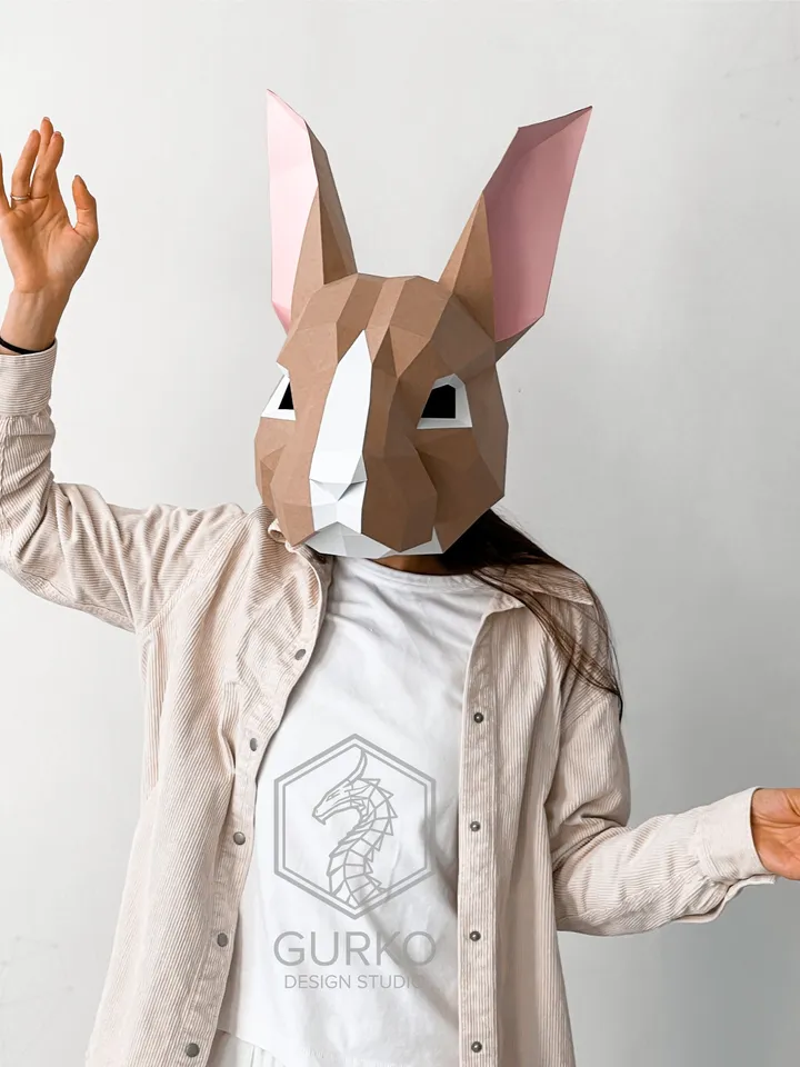 Rabbit Mask Papercraft, Hare, Digital Template, PDF Download, Gurko, 3D Low Poly Animal Mask, DIY Origami, Pepakura, Paper Mask, DIY Costume