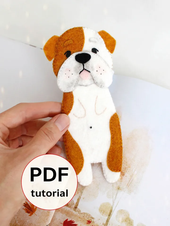 Felt long English bulldog bookmark hand sewing PDF tutorial with patterns. DIY dog breed bookmark. Book and pets lover gift. Felt school supplies