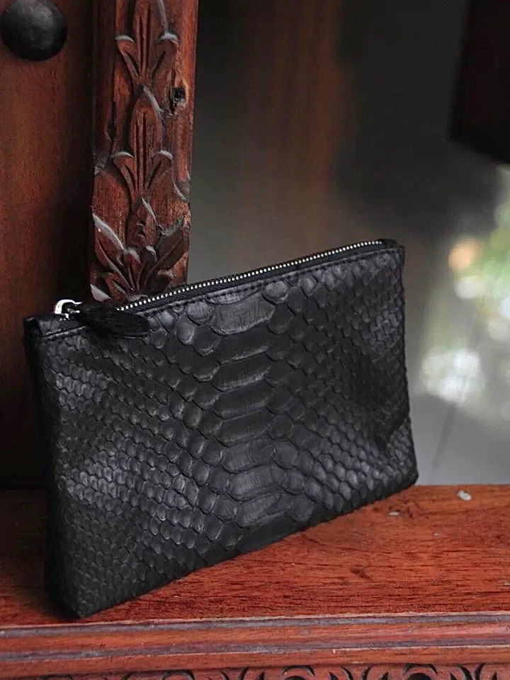 Genuine python skin black cosmetic bag/ Purse Insert Organizer/ Bag Insert For Tote Bag/ exotic leather wallet / small snake skin clutch