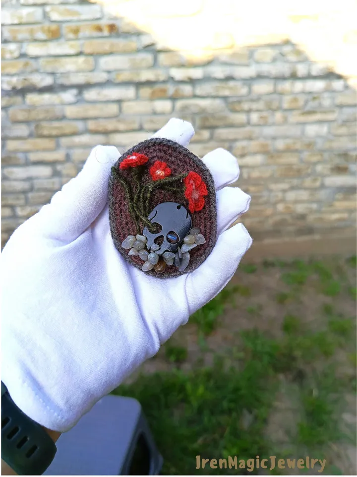 Dark Memento Mori Skull Brooch with Red Flowers