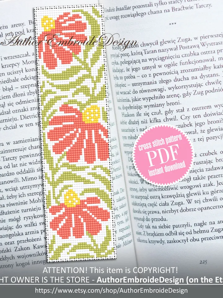 Abstract flowers bookmark cross stitch pattern PDF download Boho flowers cross stitch chart, Modern bookmark pattern digital PDF #B305