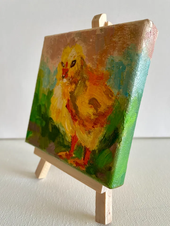 Yellow baby chick painting, Chicken bird Original oil Painting on Canvas, Farm animal art, Miniature Artwork 4"x 4"