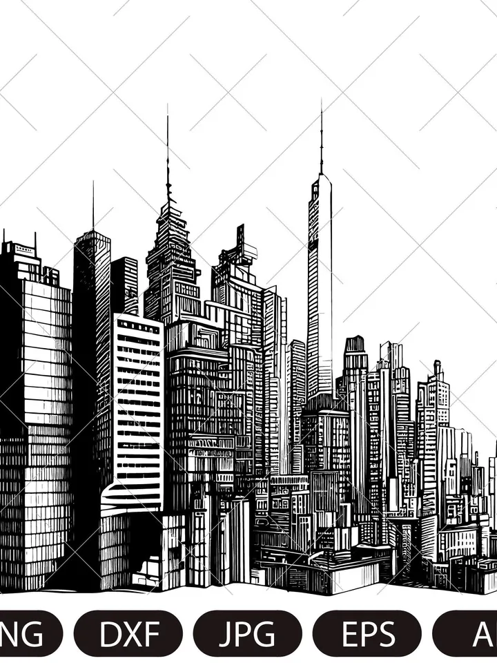 City silhouette vector/ Horizontal City landscape SVG/ Downtown landscape with high skyscrapers/ Panorama architecture buildings/ Urban life