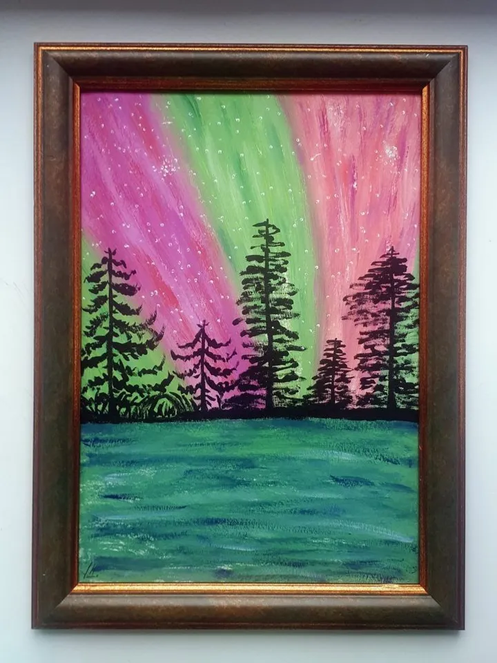 Aurora Borealis Nothern Lights Art, Acrylic on Paper, Nothern Landscape Painting