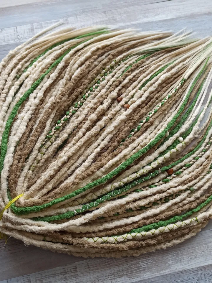 Boho Blonde Herbal Green Dread Extensions Mixed Braid Set Single or Double Ended SE DE for Custom Styling Hippie Goddess Volume Texture