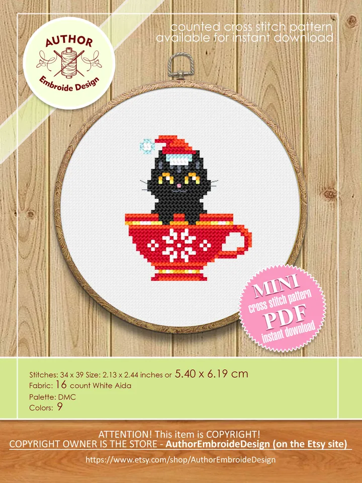 Set Christmas cats cross stitch pattern download PDF, Cute black cat embroidery PDF, Christmas cross stitch chart, Funny home cat decor #N77