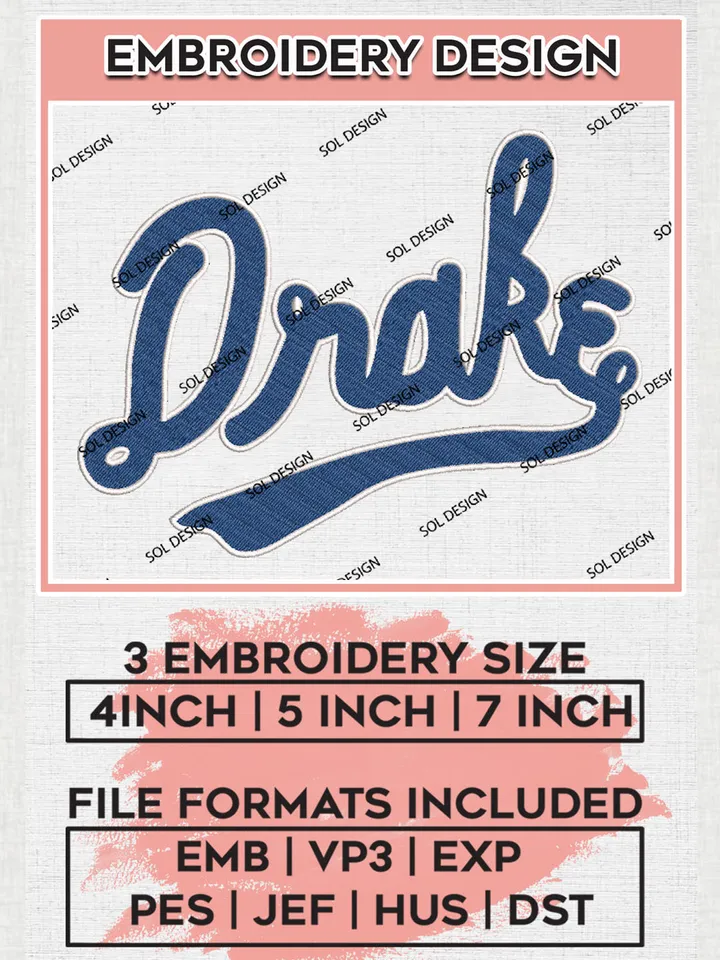 NCAA Drake Team Writing Logo Embroidery Design Files, NCAA Drake Bulldogs Machine Embroidery, NCAA Teams, 3 sizes, NCAA Machine embroidery designs, Digital Download