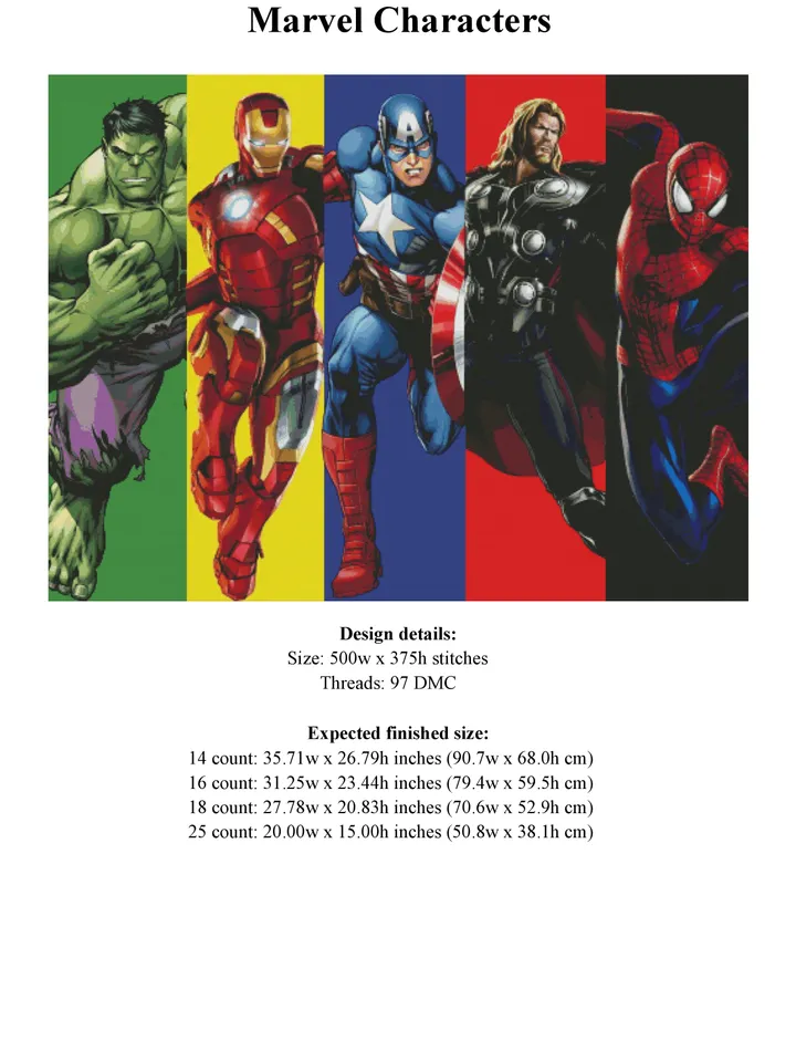 Marvel Cross Stitch Pattern / Avengers Cross Stitch Pattern / Iron Man Hulk Thor Spider Man Counted Printable PDF Chart