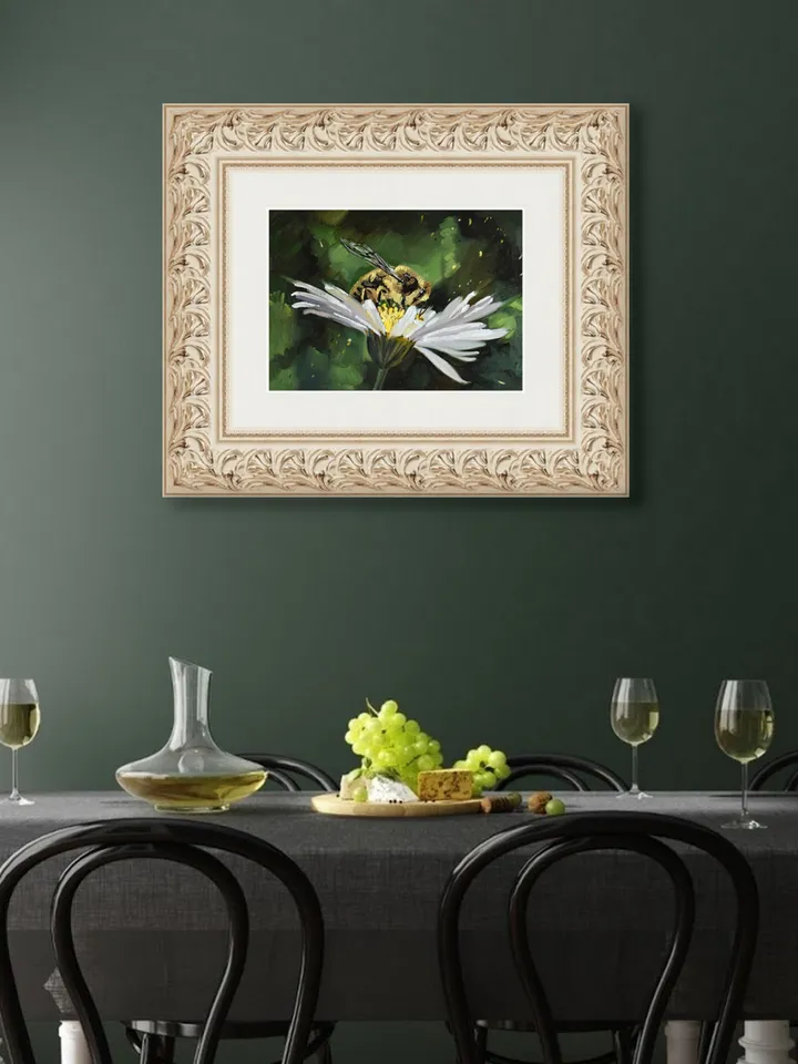 Bee painting Honeybee Original Art 10 by 14 Daisy wall art White Daisies artwork Bumblebee art by Natalia Plotnikova