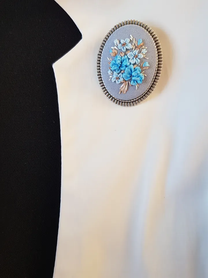 Ribbon embroidered brooch for her, hand embroidery blue jewelry