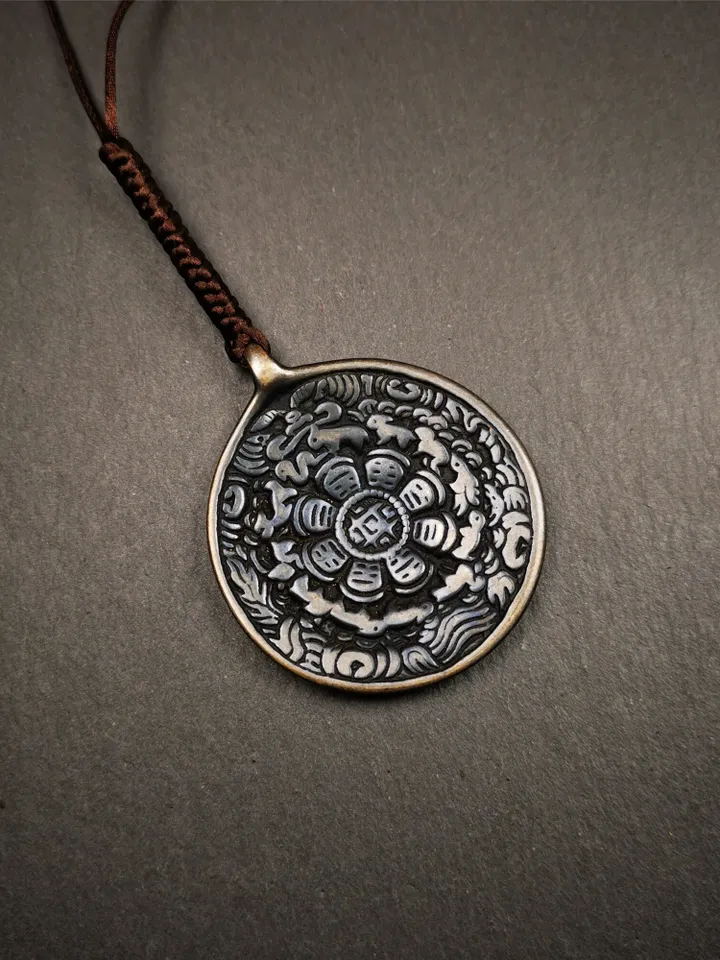 Gandhanra Vintage Tibetan Buddhist Calendar Badge,Melong Mirror, SIPAHO Amulet,made of Lima Brass, 1.77&quot;