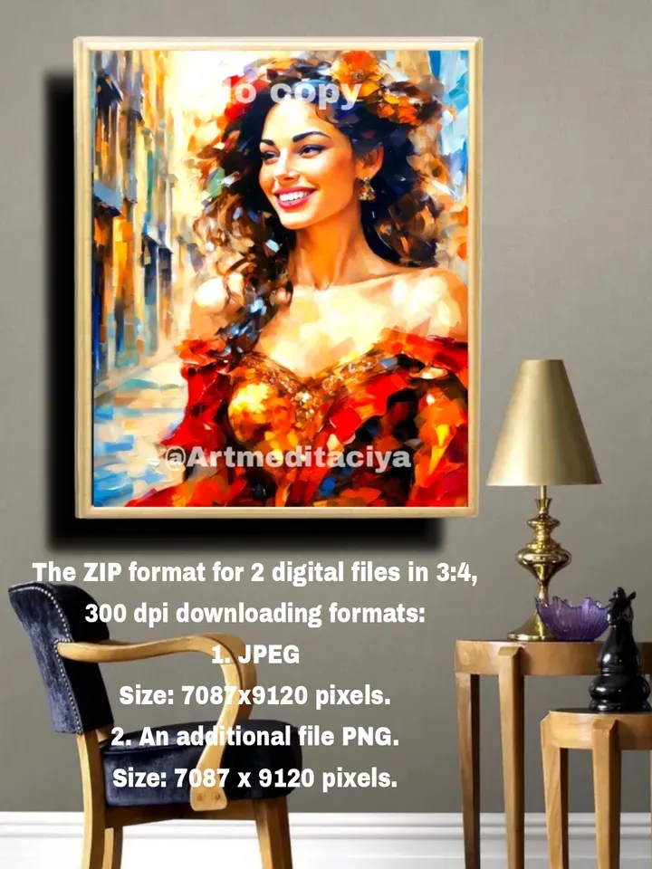 Digital abstract painting "Playful Carmen" in the style of oil painting with a palette knife on an abstract urban background of Barcelona. This is an image of a dynamic smiling Spanish brunette in a red neckline with a gold decoration with a red flower