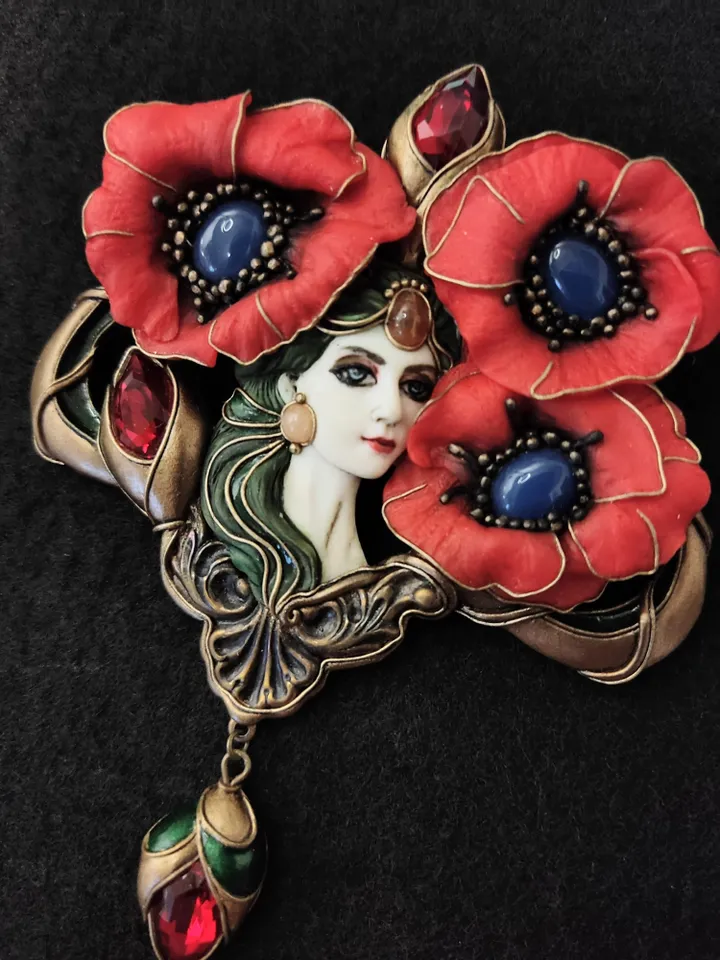 Virgin with Poppies, poppy brooch, red poppies, red flowers,poppy jewelry