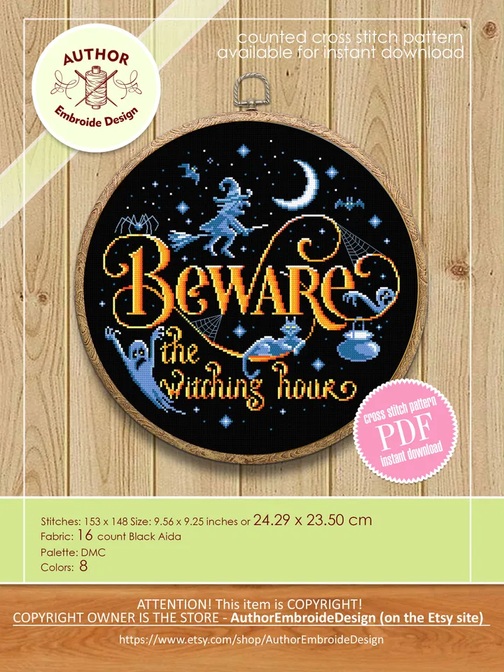 Halloween quotes cross stitch pattern download PDF, Witch cross stitch chart, Beware the witching hour, Halloween pattern digital PDF #H38