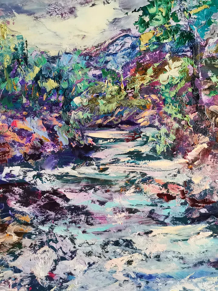 Forest Mountains River Impasto Painting Original Oil Art Artist Svinar Oksana