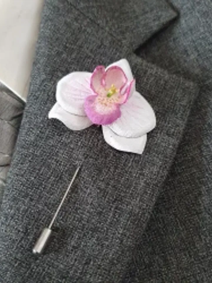 White orchid  men's lapel pin Leather boutonniere for him 3rd anniversary gift, art.55