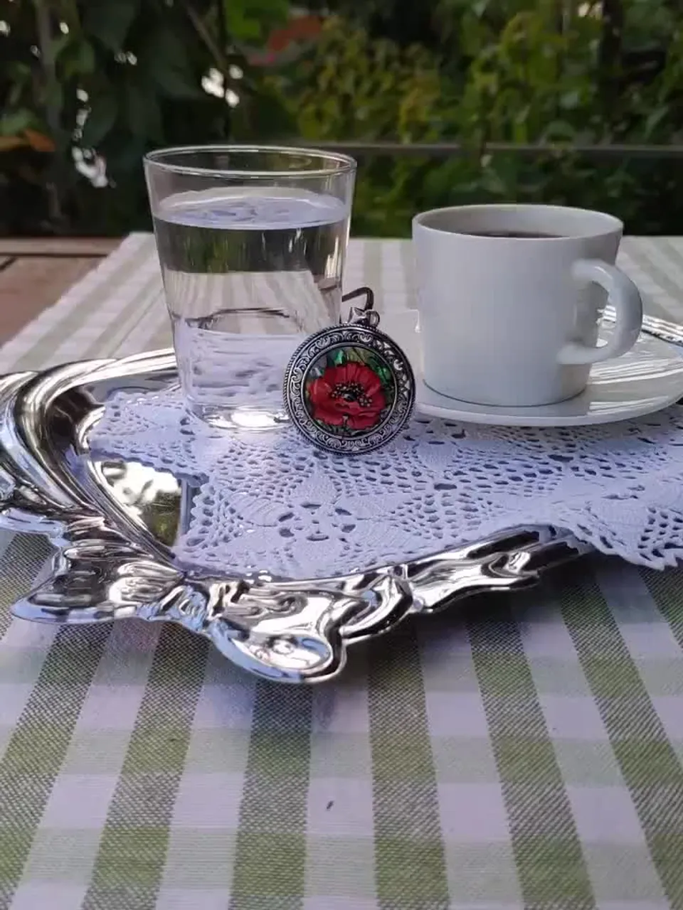 Pearl pendant necklace: Exquisite Red Poppy on Heliotis Pearl Pendant featuring an intricate openwork frame • Elegant red floral necklace