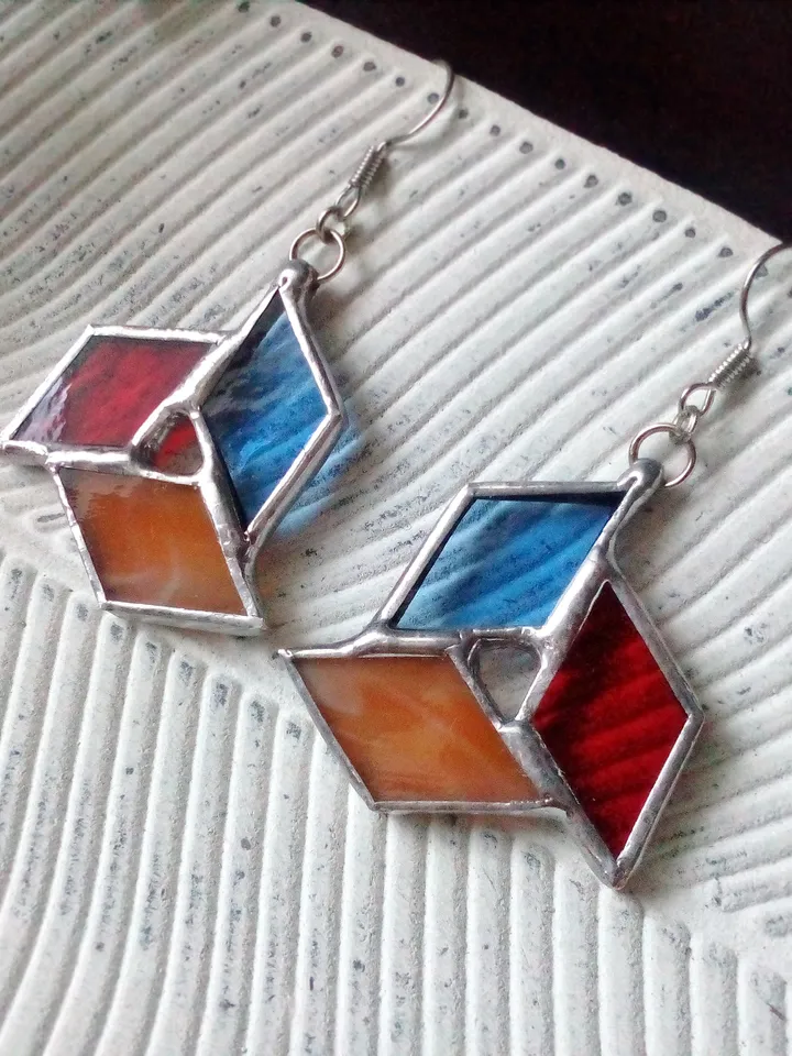 Origami stained glass earrrings - geometric handmade tiffany earrrings