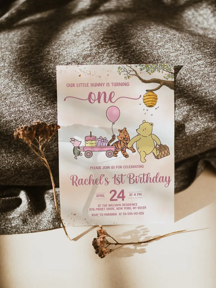 Classic Winnie Pooh Baby Birthday Invitation; Winnie Pooh Baby Birthday ; Greenery Baby Birthday; Honey Bear Birthday; Winnie Pooh wp