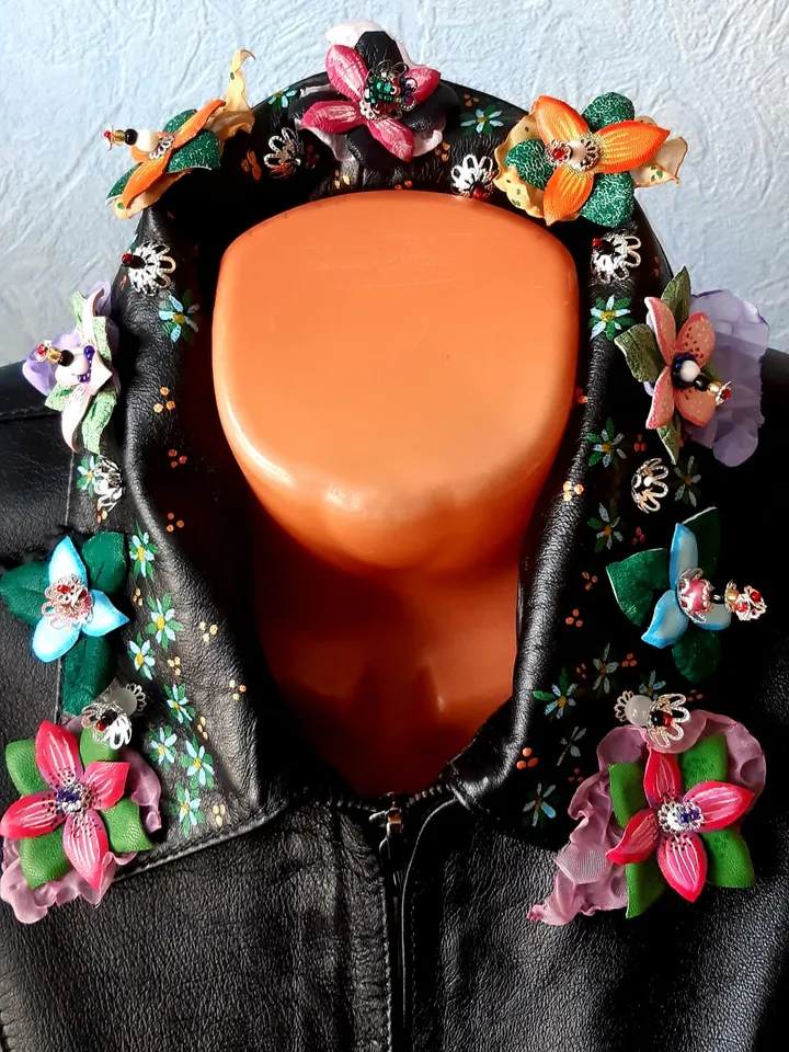 Ladie's Genuine Soft Lambskin Leather Jacket in Black. Handmade Embroidered Lacing Jacket with Pockets. New Casual Style Leather clothes.