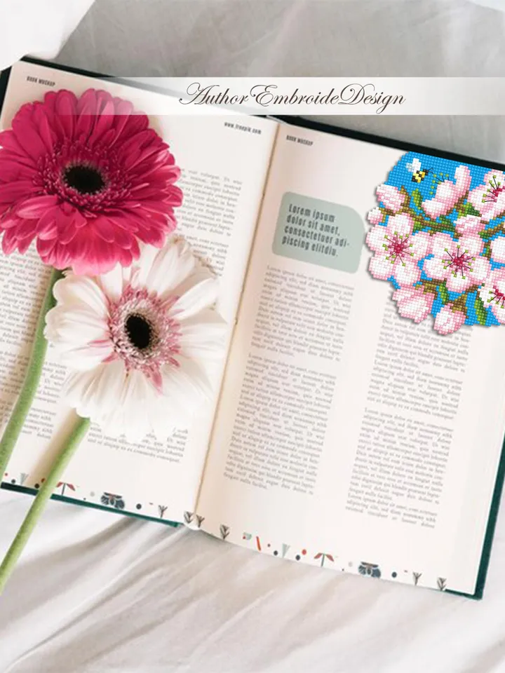 Cherry blossom Corner bookmark cross stitch pattern PDF download Spring flowers cross stitch chart, Sakura bookmark pattern digital #B439