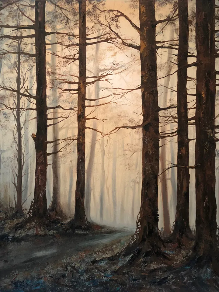 Forest Painting Original Foggy Forest Wall Art Landscape Artwork Canvas Misty Forest Painting